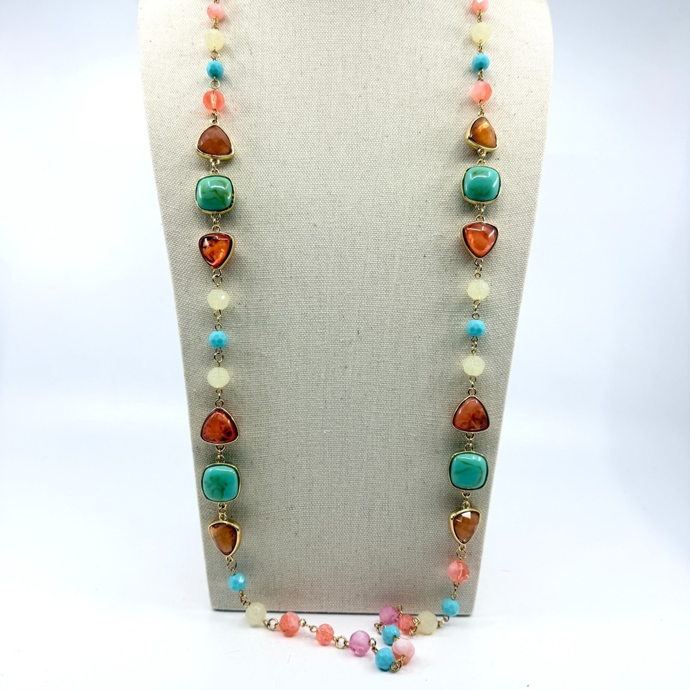 Vintage Y2K Pastel Beaded Long Necklace Turquoise Pink Gold Tone Boho